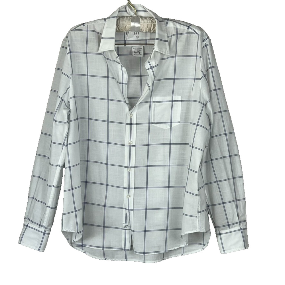 Frank & Eileen Eileen Top Womens L Italian Cotton White & Blue Windowpane Button